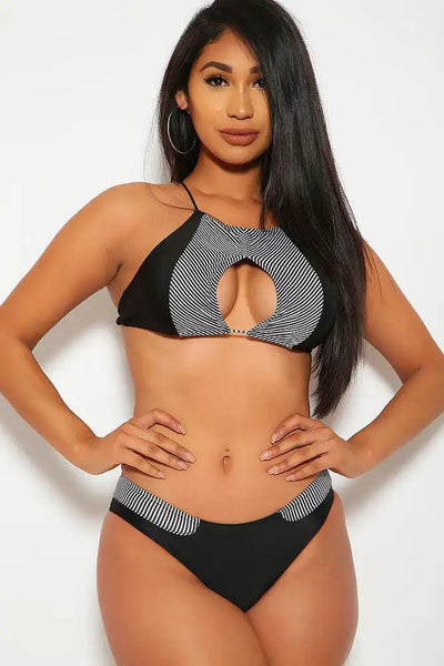 Sexy Black White Stripe Cut Out Two Piece Swimsuit - AMIClubwear