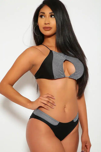 Sexy Black White Stripe Cut Out Two Piece Swimsuit - AMIClubwear