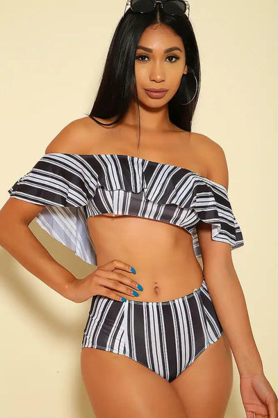 Sexy Black White Stripe Off The Shoulders 2 Piece Bikini - AMIClubwear