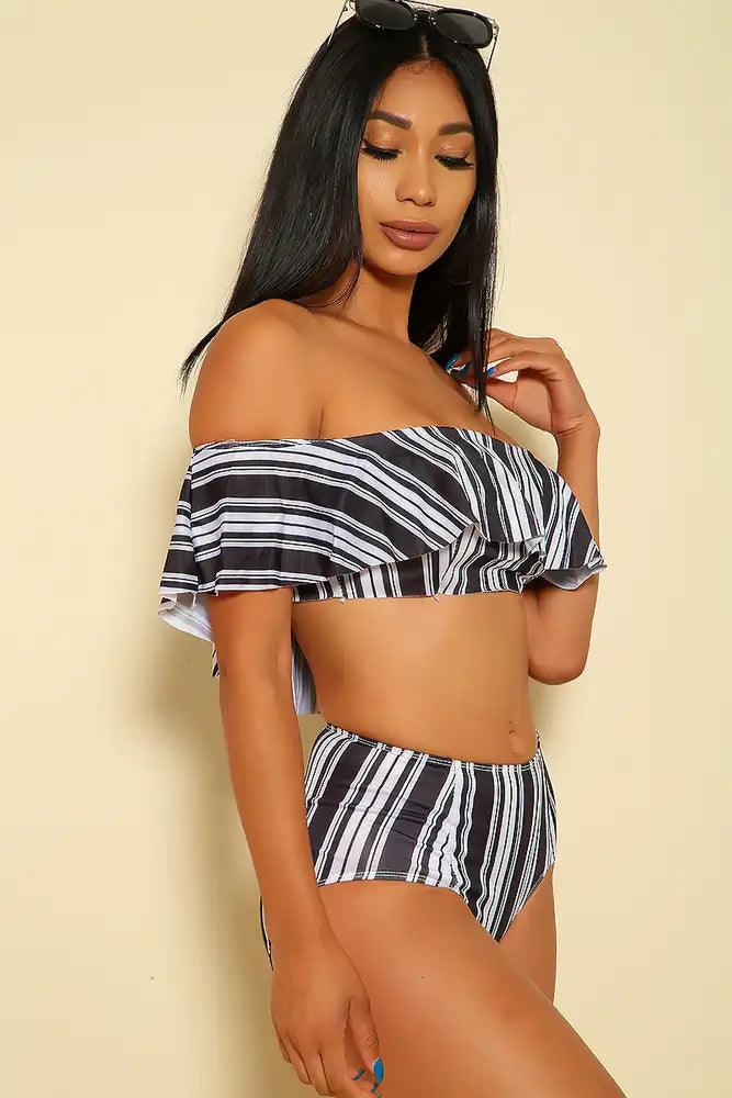 Sexy Black White Stripe Off The Shoulders 2 Piece Bikini - AMIClubwear