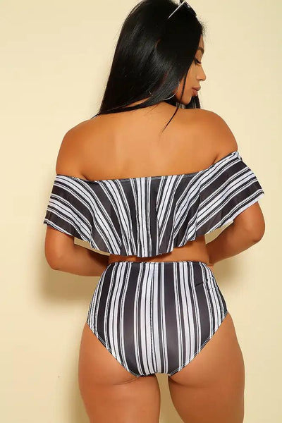 Sexy Black White Stripe Off The Shoulders 2 Piece Bikini - AMIClubwear