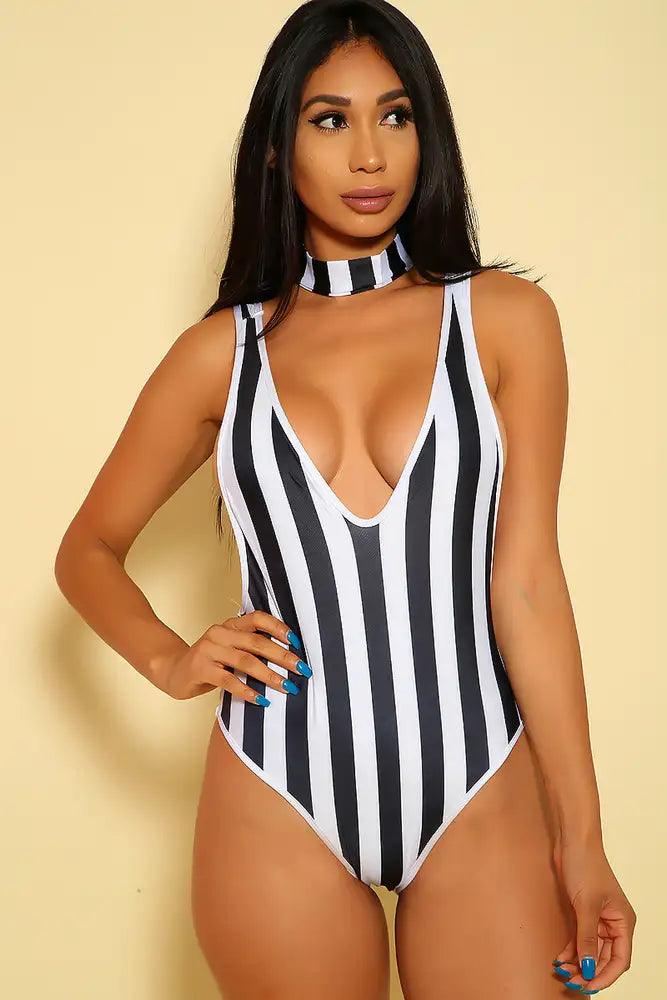 Sexy Black White Stripe Print One Piece Swimsuit - AMIClubwear