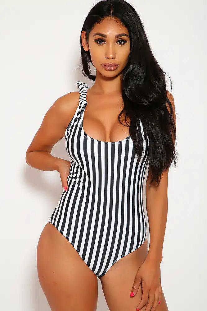 Sexy Black White Stripe Strap Tie One Piece Swimsuit - AMIClubwear