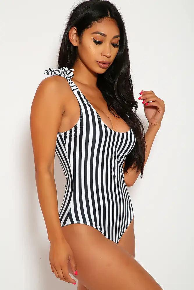 Sexy Black White Stripe Strap Tie One Piece Swimsuit - AMIClubwear