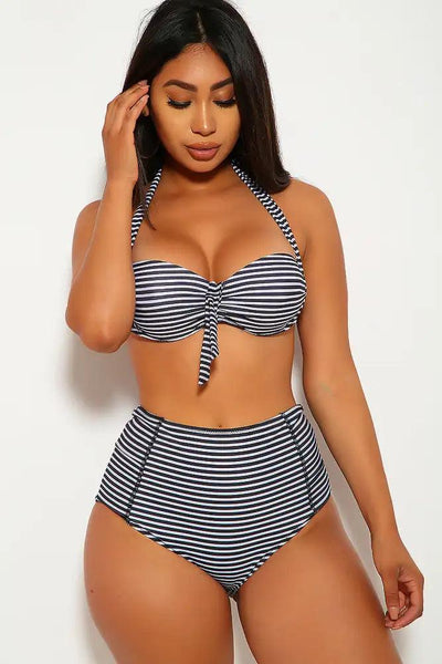 Sexy Black White Striped High Waist Swimsuit - AMIClubwear