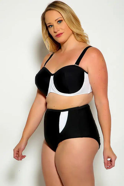 Sexy Black White Two Tone High Waist Plus Size Two Piece Swimsuit - AMIClubwear
