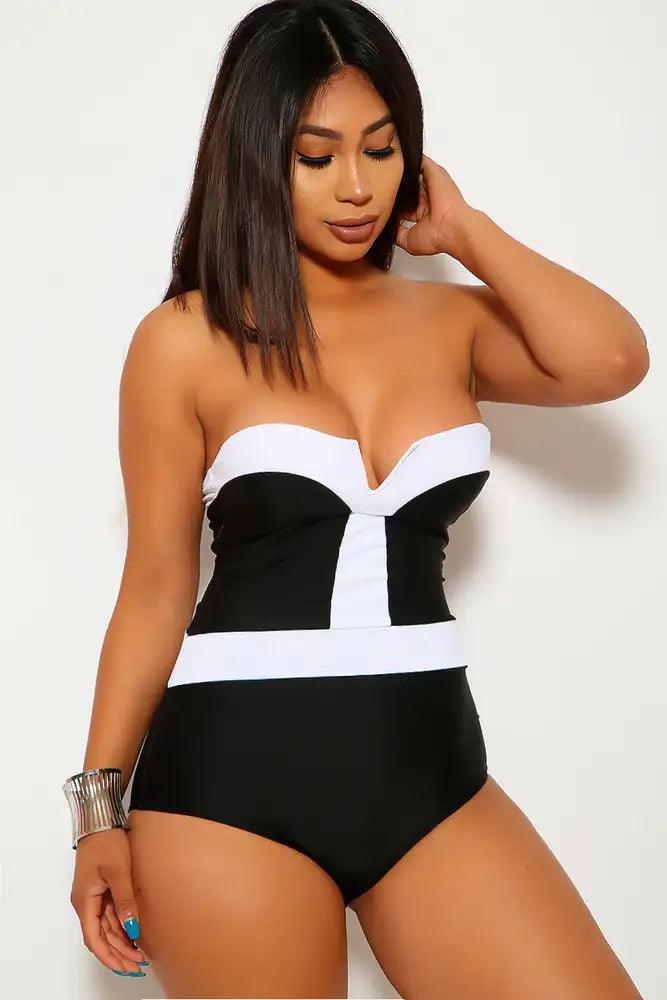 Sexy Black White Two Tone Strapless One Piece Swimsuit - AMIClubwear