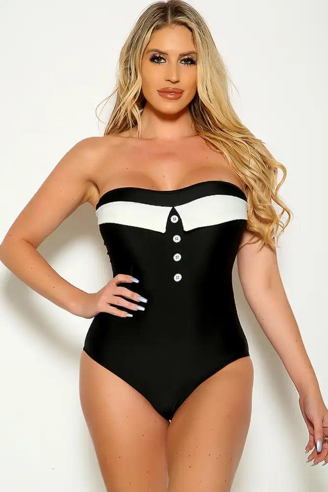 Sexy Black White Two Tone Sweetheart Neckline Button Detailing Open Back One Piece Swimsuit - AMIClubwear