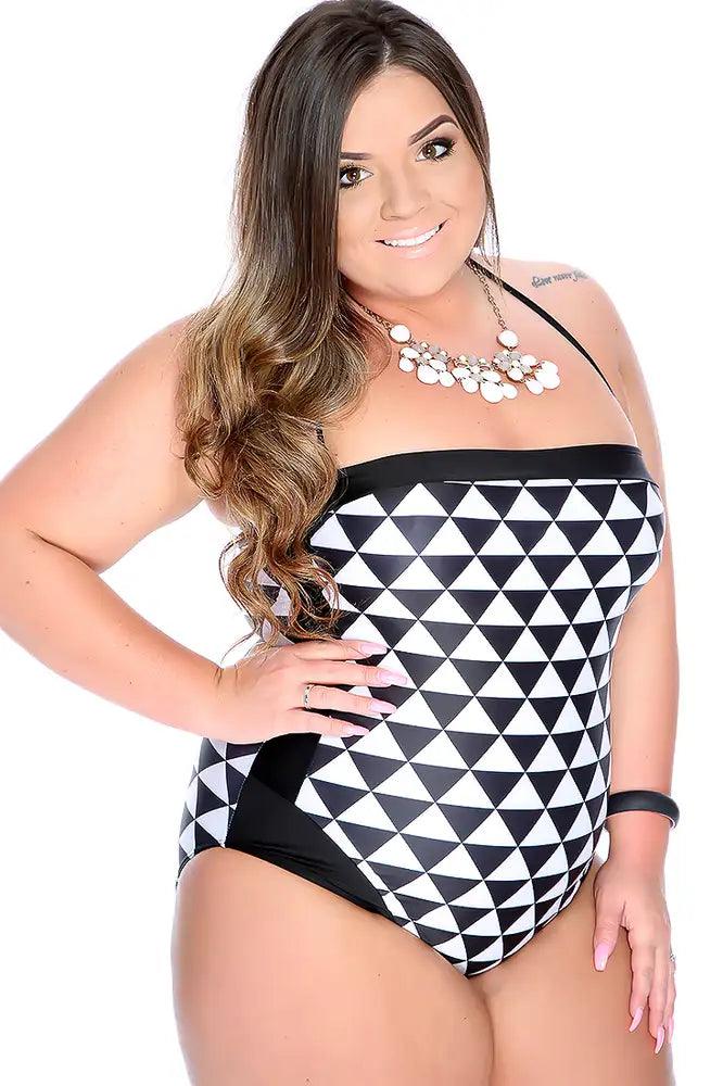 Sexy Black White Two Tone Triangle Mesh One Piece Form Fitting Mid Cover Swimsuit - AMIClubwear