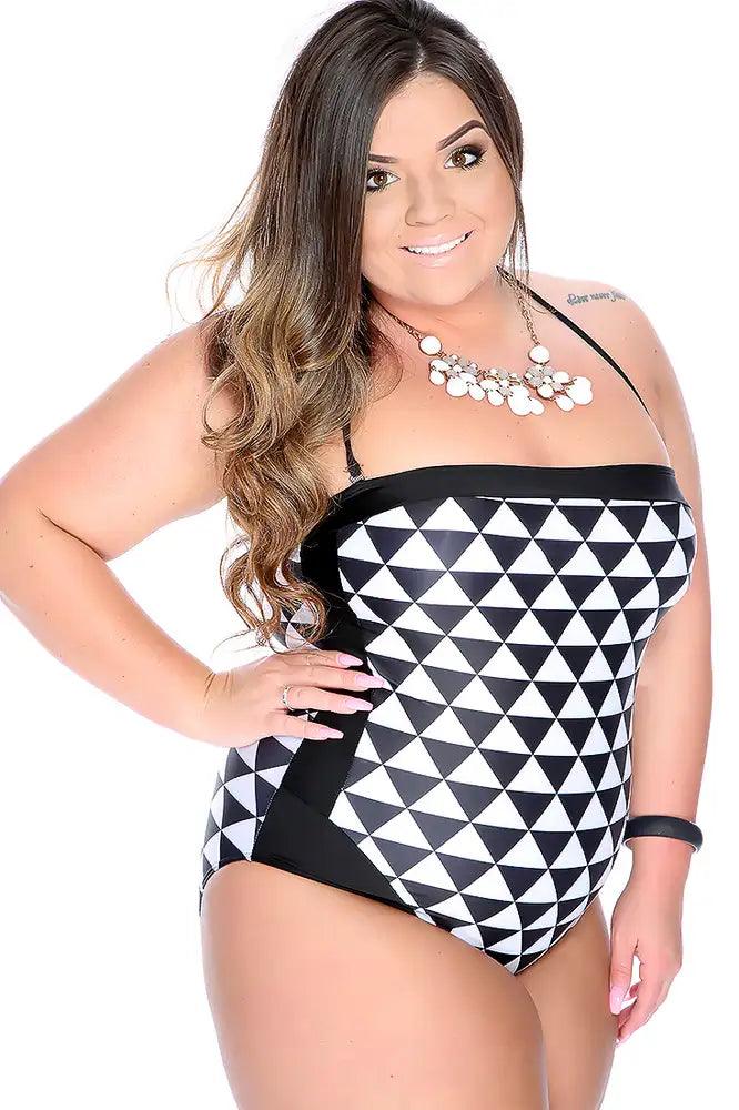 Sexy Black White Two Tone Triangle Mesh One Piece Form Fitting Mid Cover Swimsuit - AMIClubwear