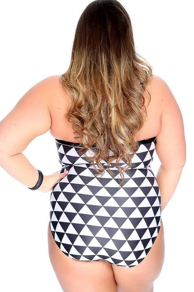 Sexy Black White Two Tone Triangle Mesh One Piece Form Fitting Mid Cover Swimsuit - AMIClubwear