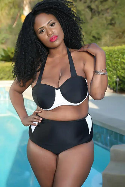 Sexy Black White Twp Tone High Waist Plus Size Swimsuit - AMIClubwear