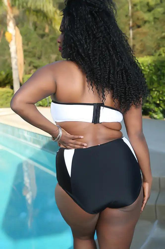 Sexy Black White Twp Tone High Waist Plus Size Swimsuit - AMIClubwear