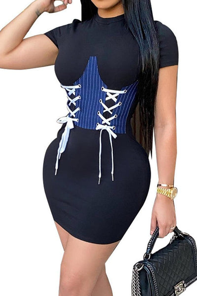 Sexy Black With Blue Pinstripes Corset Dress - AMIClubwear