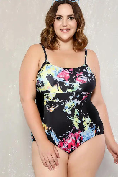 Sexy Black Yellow Pattern Padded Plus Size One Piece Monokini - AMIClubwear