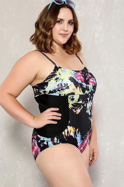 Sexy Black Yellow Pattern Padded Plus Size One Piece Monokini - AMIClubwear