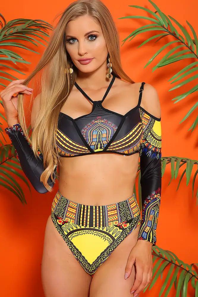 Sexy Black Yellow Printed Padded Long Sleeves 2Pc. Swimsuit - AMIClubwear