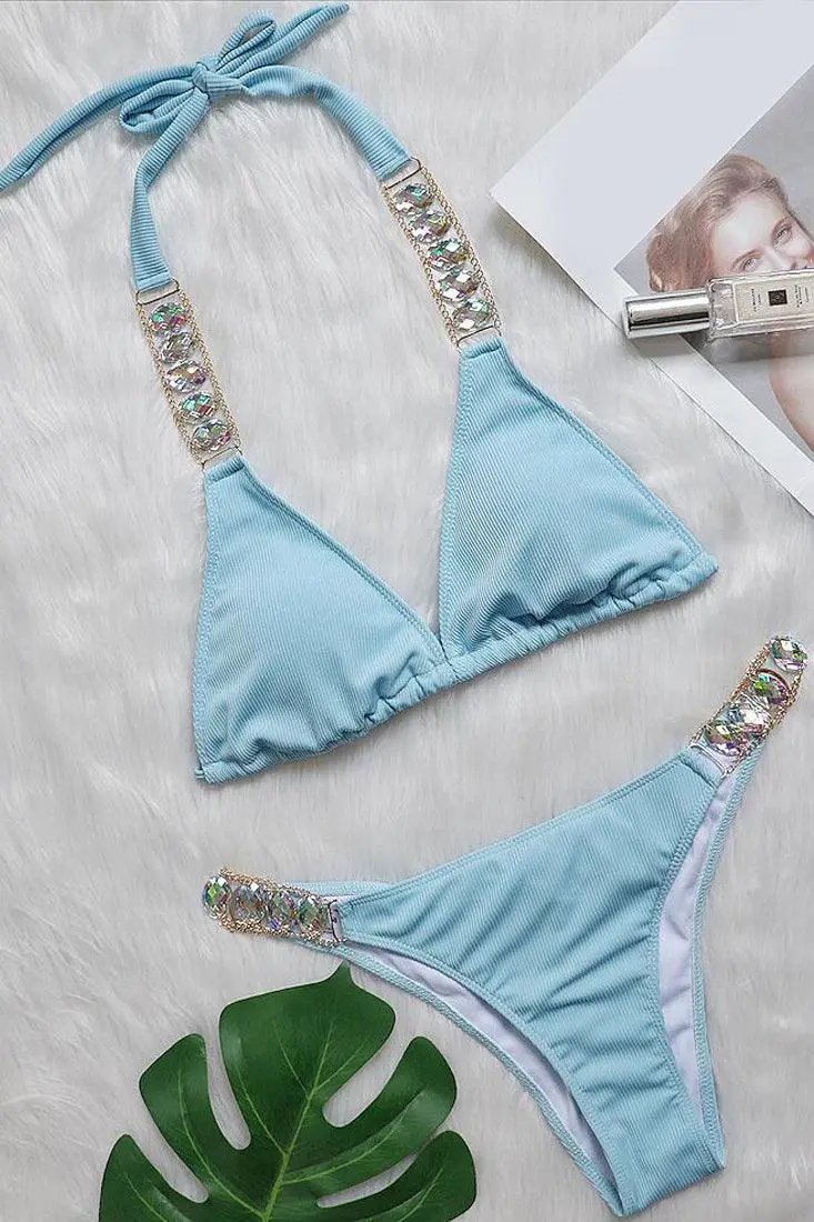 Sexy Blue Bikini With Gemstone Straps