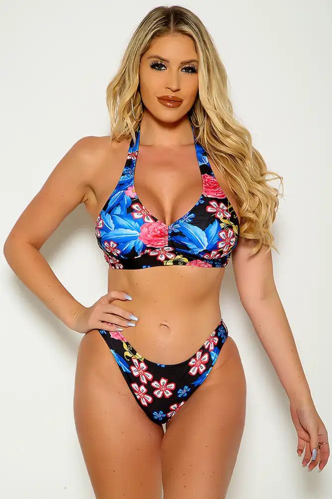 Sexy  Blue Black Floral Print Two Piece Swimsuit - AMIClubwear