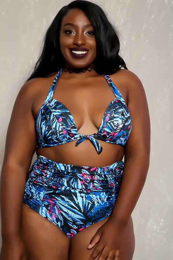 Sexy Blue Black Printed Detail High Waist Plus Size Two Piece Swimsuit - AMIClubwear