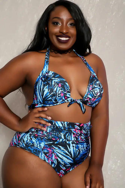 Sexy Blue Black Printed Detail High Waist Plus Size Two Piece Swimsuit - AMIClubwear