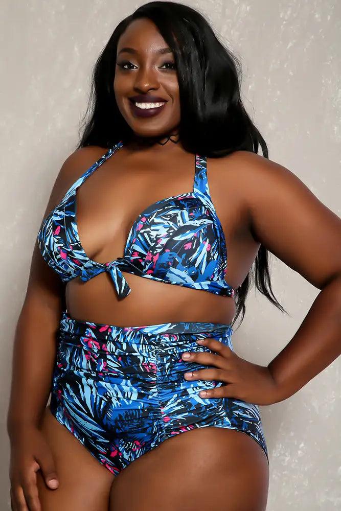 Sexy Blue Black Printed Detail High Waist Plus Size Two Piece Swimsuit - AMIClubwear