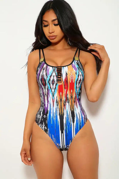 Sexy Blue Black Printed Strappy Cut Out One Piece Swimsuit - AMIClubwear