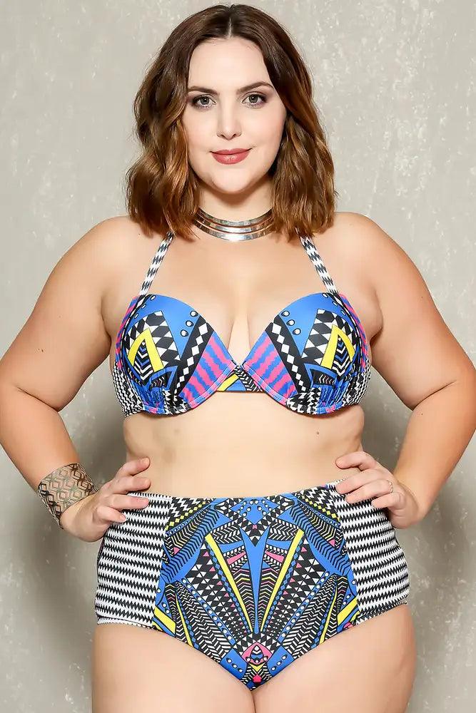 Sexy Blue Black Tribal Print High Waist 2pc. Plus Size Bikini - AMIClubwear