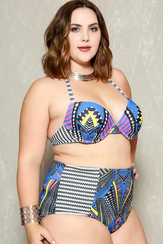 Sexy Blue Black Tribal Print High Waist 2pc. Plus Size Bikini - AMIClubwear