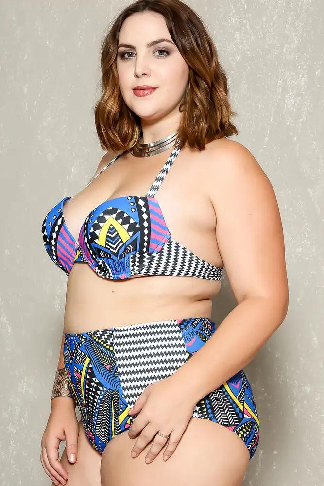 Sexy Blue Black Tribal Print High Waist 2pc. Plus Size Bikini - AMIClubwear