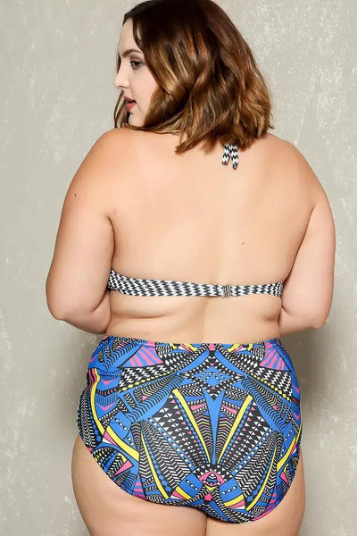 Sexy Blue Black Tribal Print High Waist 2pc. Plus Size Bikini - AMIClubwear