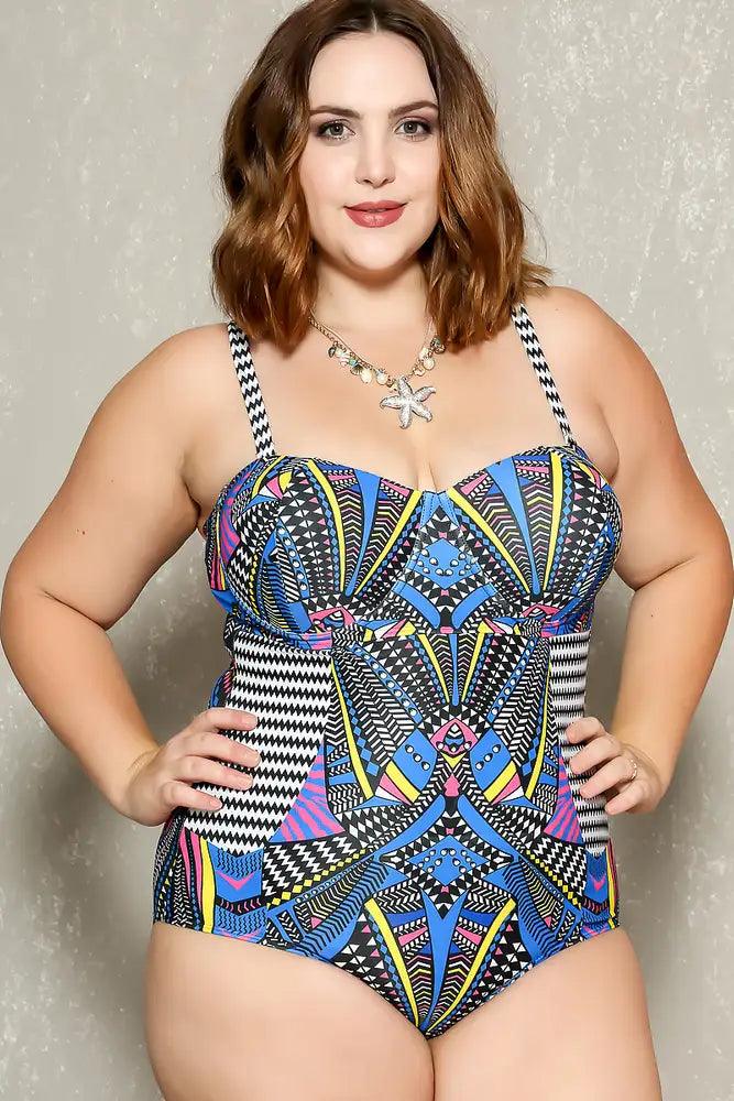 Sexy Blue Black Tribal Print Padded Plus Size Onepiece Swimsuit - AMIClubwear