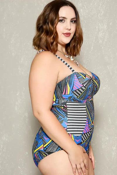 Sexy Blue Black Tribal Print Padded Plus Size Onepiece Swimsuit - AMIClubwear