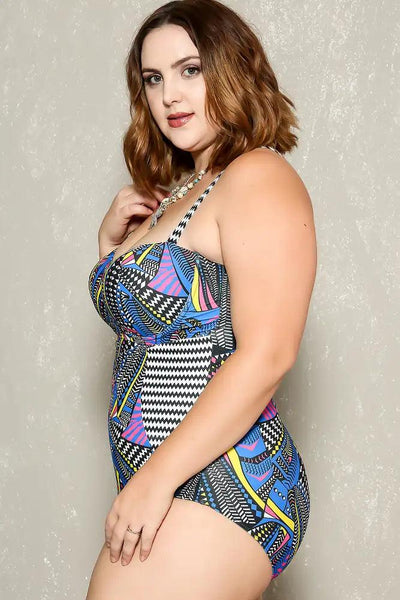 Sexy Blue Black Tribal Print Padded Plus Size Onepiece Swimsuit - AMIClubwear