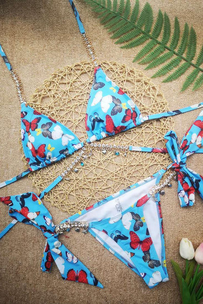 Sexy Blue Butterfly Print Bikini With Gemstone Straps - AMIClubwear