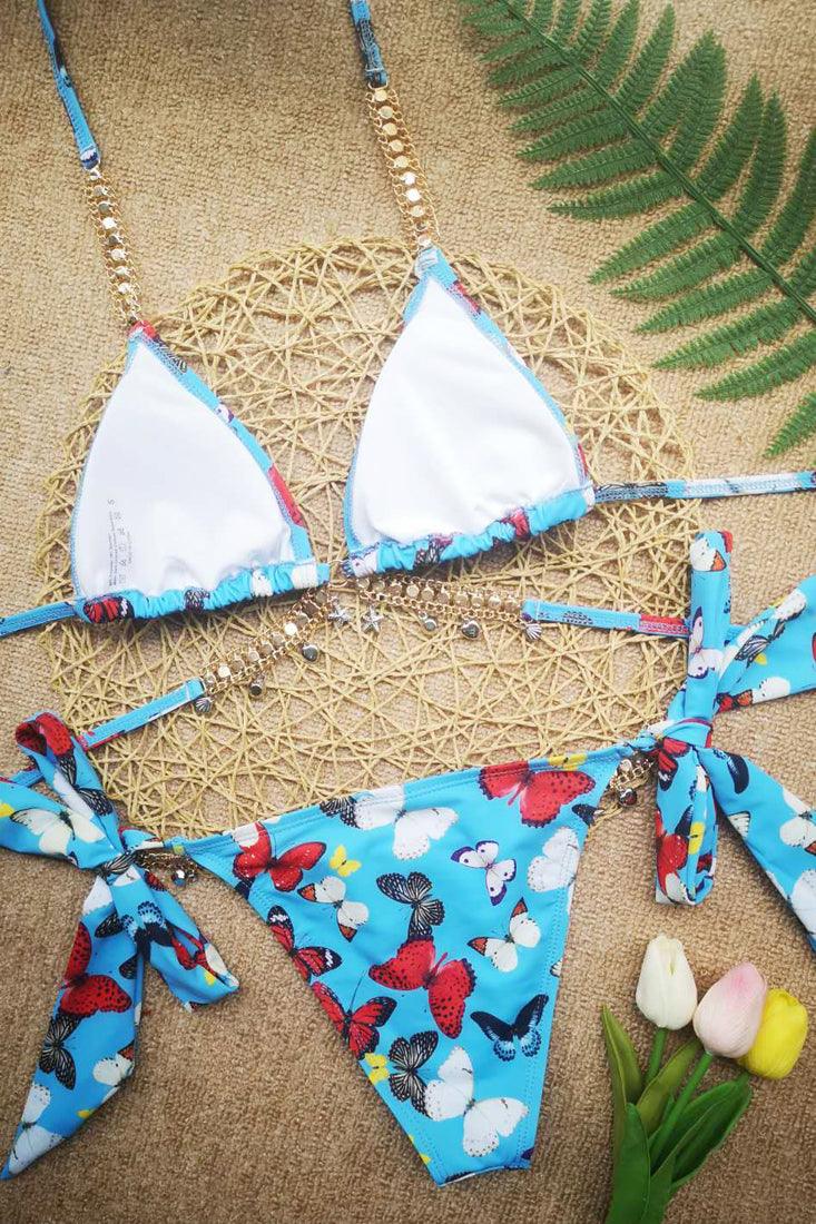 Sexy Blue Butterfly Print Bikini With Gemstone Straps - AMIClubwear