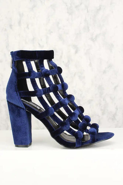 Sexy Blue Caged Open Toe Chunky High Heels Velvet - AMIClubwear