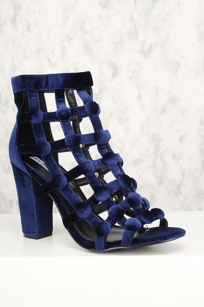 Sexy Blue Caged Open Toe Chunky High Heels Velvet - AMIClubwear