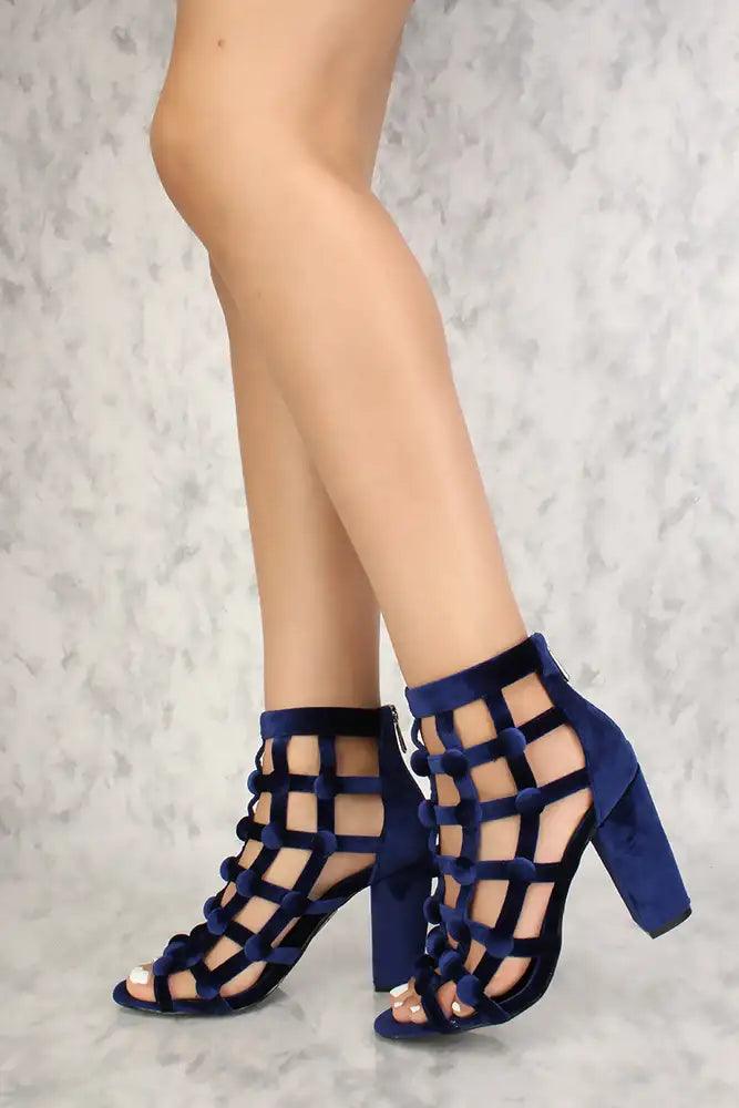 Sexy Blue Caged Open Toe Chunky High Heels Velvet - AMIClubwear