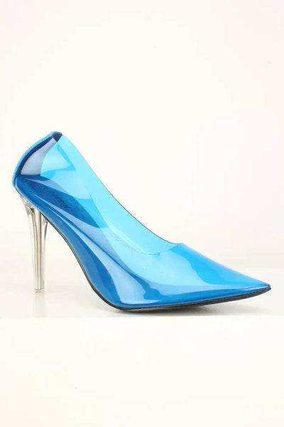 Sexy Blue Clear Pointy Toe Single Sole High Heels Pumps Patent - AMIClubwear