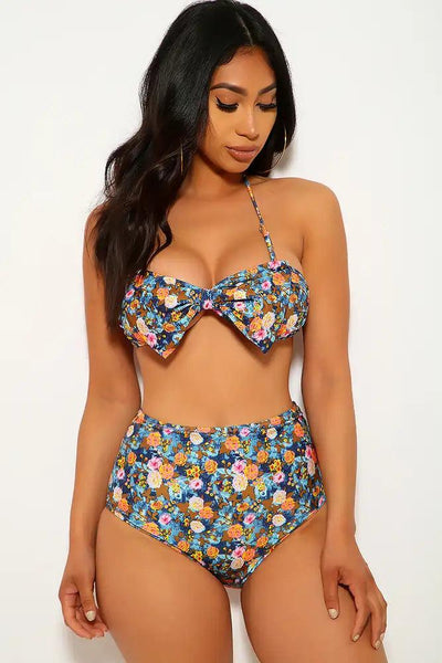 Sexy Blue Floral Bow Detailing Halter Swim Suit - AMIClubwear