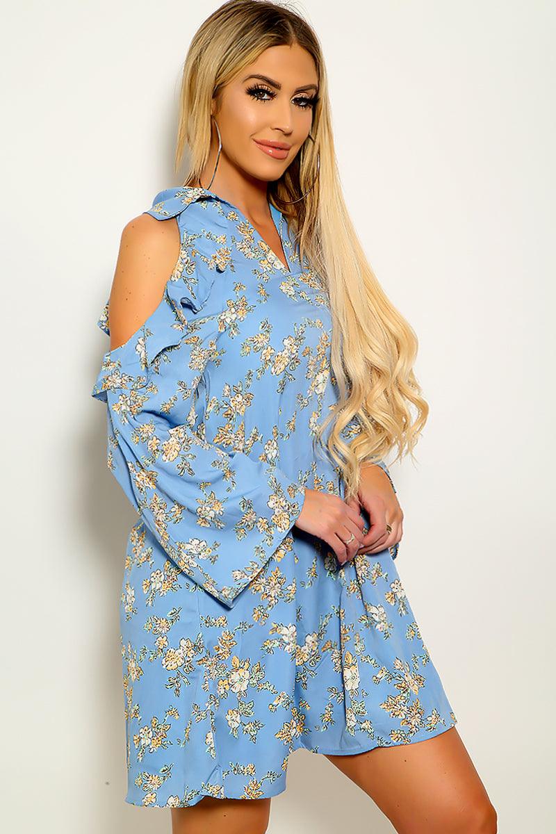 Sexy Blue Floral Cold Shoulder Ruffle Dress - AMIClubwear
