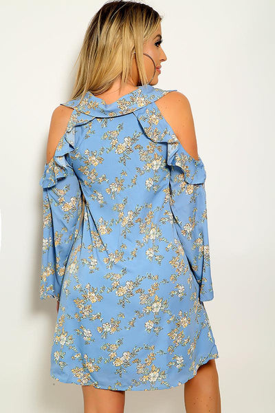 Sexy Blue Floral Cold Shoulder Ruffle Dress - AMIClubwear