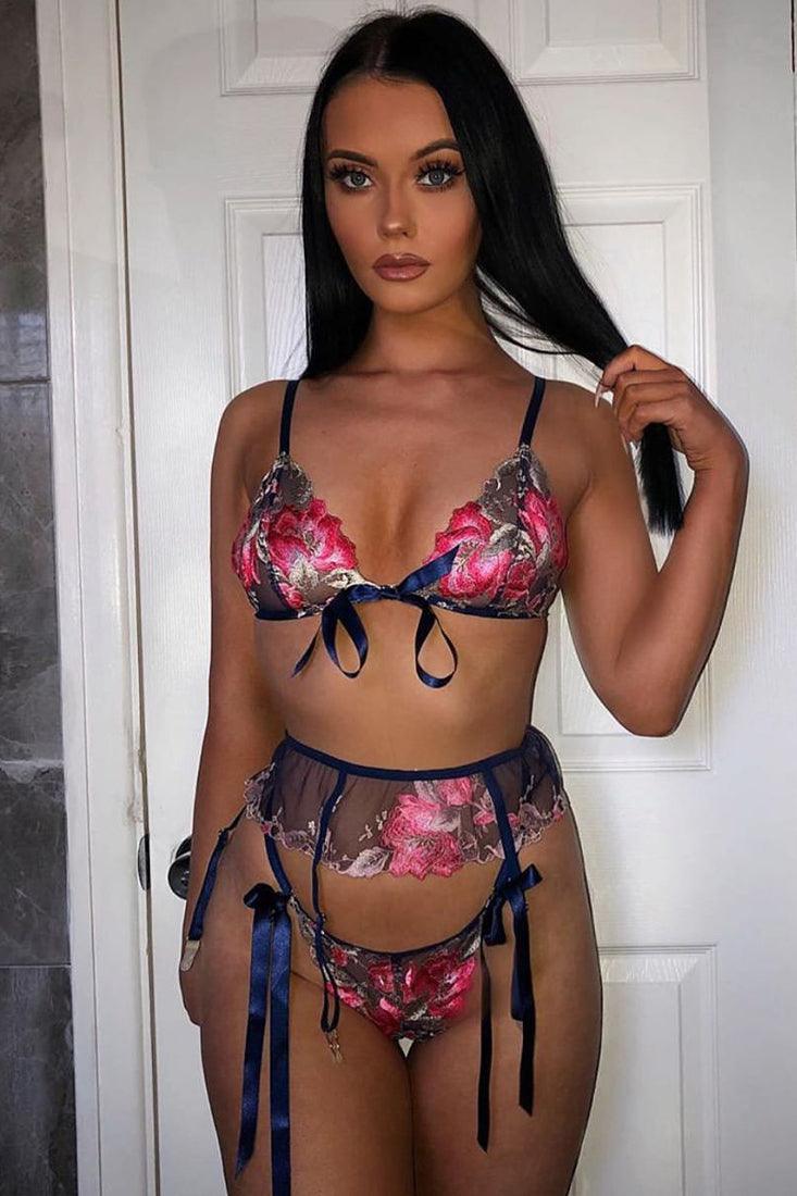 Sexy Blue Floral Embroidery Mesh Ribbon Lingerie 3 Pc Set - AMIClubwear