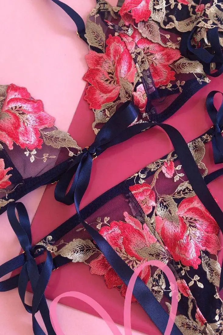 Sexy Blue Floral Embroidery Mesh Ribbon Lingerie 3 Pc Set