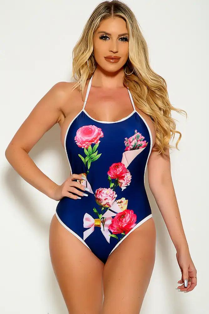 Sexy Blue Floral High Neck One Piece Swimsuit - AMIClubwear