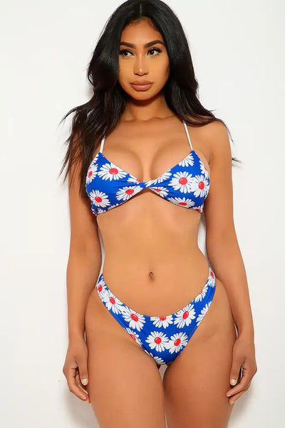 Sexy Blue Floral Print Triangle Top Two Piece Swimsuit - AMIClubwear