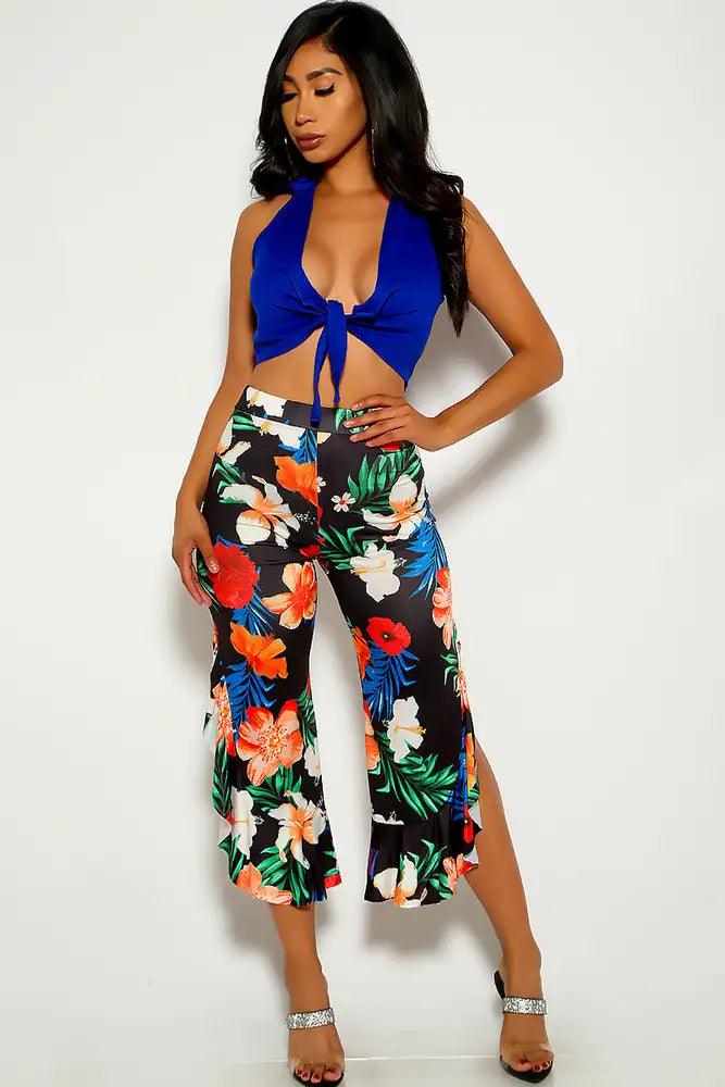 Sexy Blue Floral Printed Front Tie Two Piece Outfit - AMIClubwear