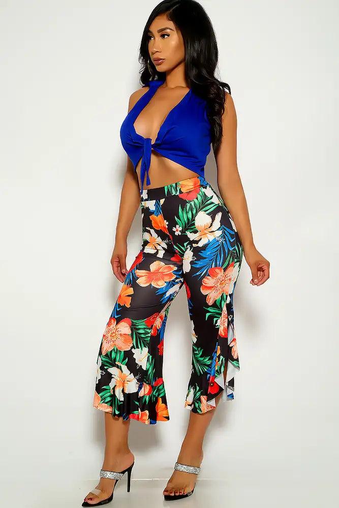 Sexy Blue Floral Printed Front Tie Two Piece Outfit - AMIClubwear