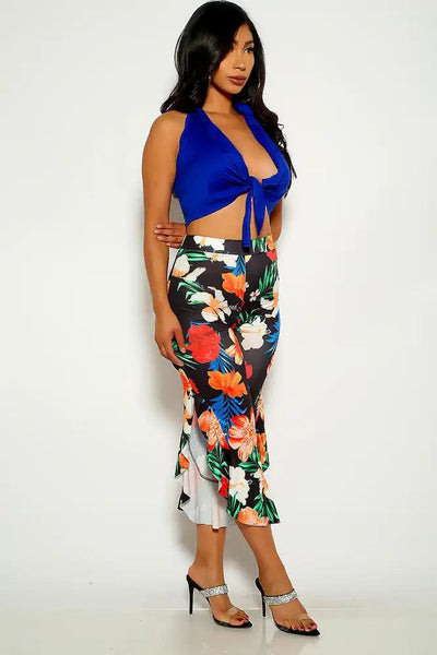 Sexy Blue Floral Printed Front Tie Two Piece Outfit - AMIClubwear